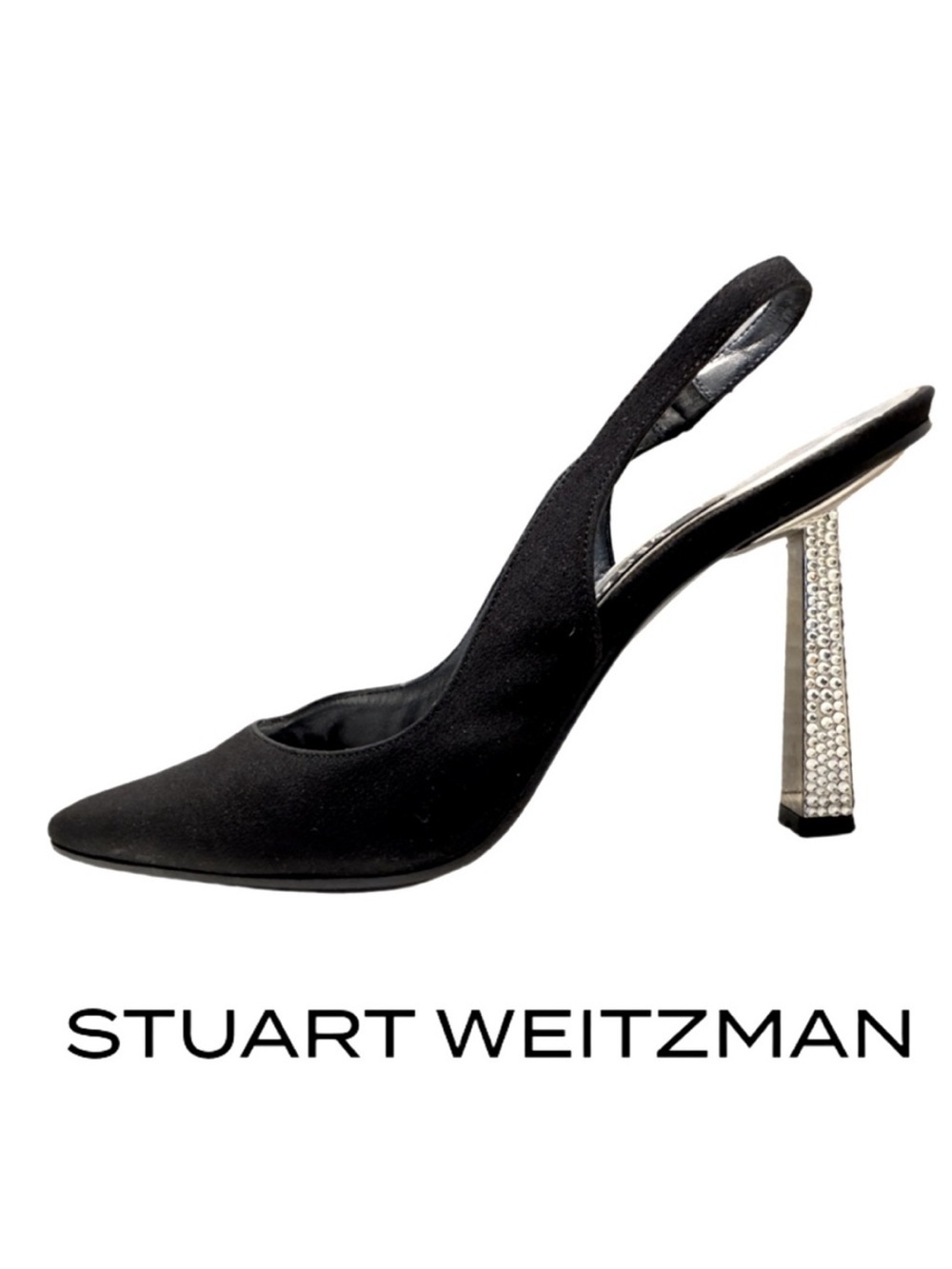 STUART WEITZMAN | Black Satin Crystal Leather Slingback Pumps Sandals High Heels